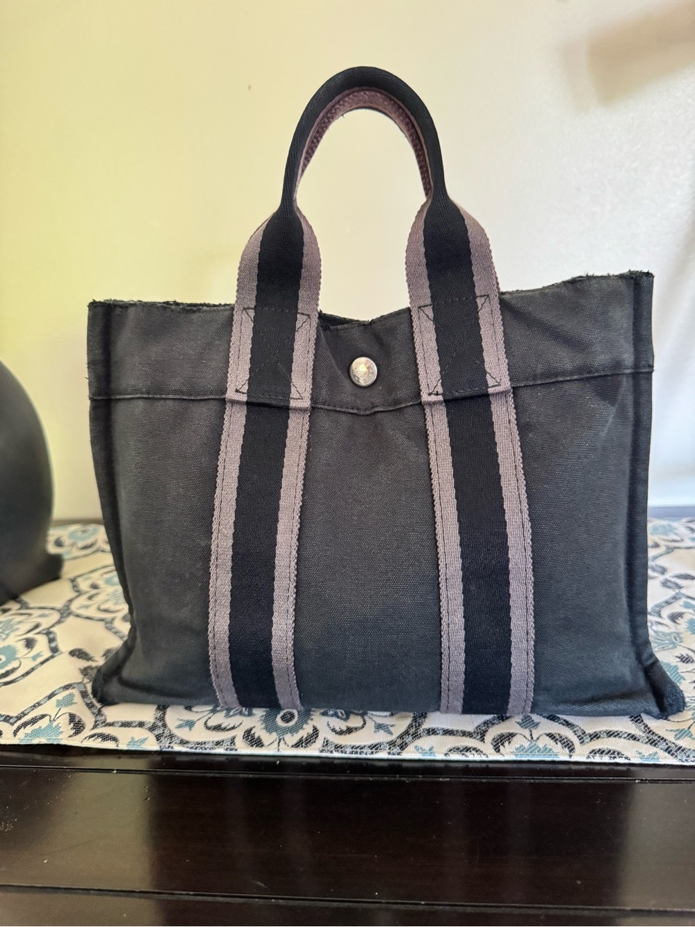 Vintage Hermes Black Canvas Tote with Gray-Trim Stripe Handles